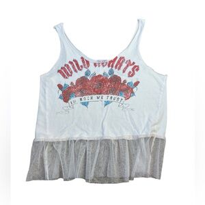 White Fawn Wild Hearts Graphic Tank Top Mesh Peplum Hem Y2K Size L